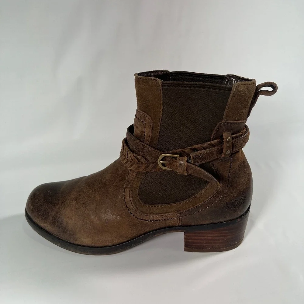 UGG Krewe Ankle Boots Womens 8 Chocolate Brown‎ Leather Moto Harness 1004207